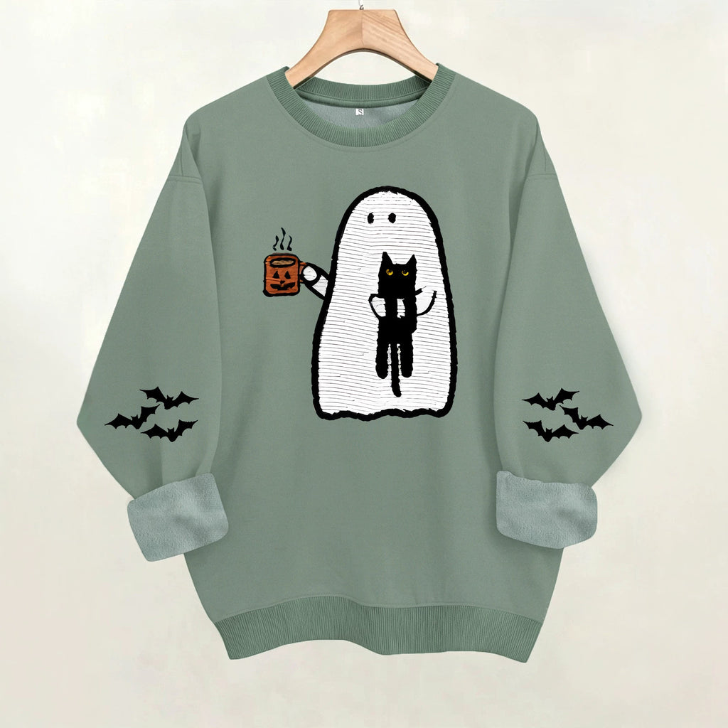 Ghost holding black cat with fleece hoodie