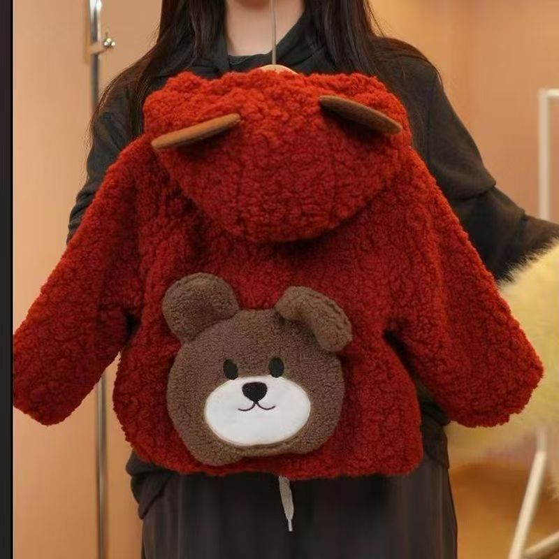 Girls' Cute Bear Print Thickened Fleece Lined Winter Jacket