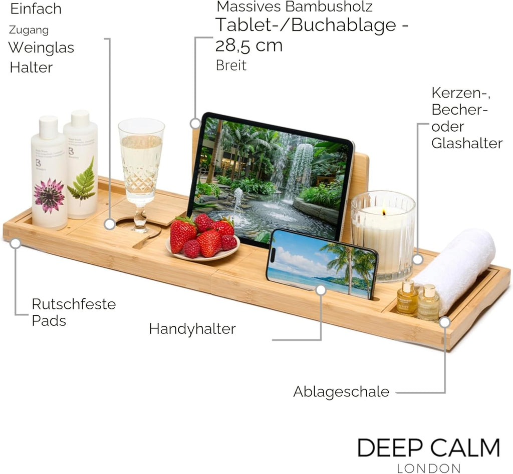 Badewannenablage - Verstellbares Bambus-Badewannenbrett - Rutschfeste Badewannenablage Passend Für Die Meisten Badewannen - Hält Buch, Ipad, Telefon, Glas, Kerze