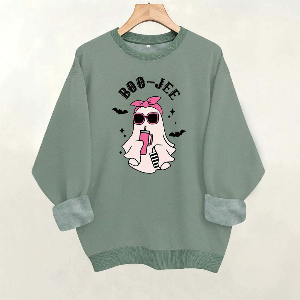 Ghost print round neck fleece hoodie