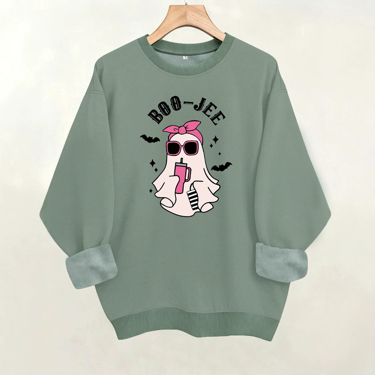 Ghost print round neck fleece hoodie