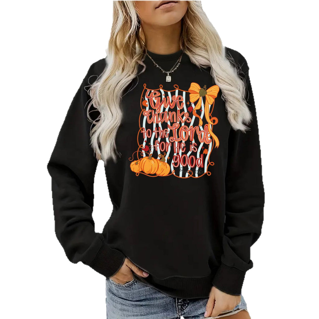 Pumpkin print loose round neck hoodie