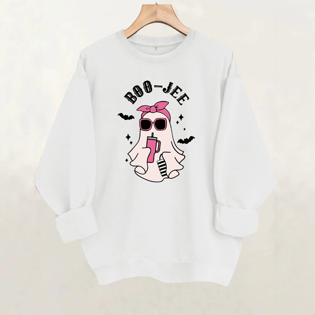 Ghost print round neck fleece hoodie