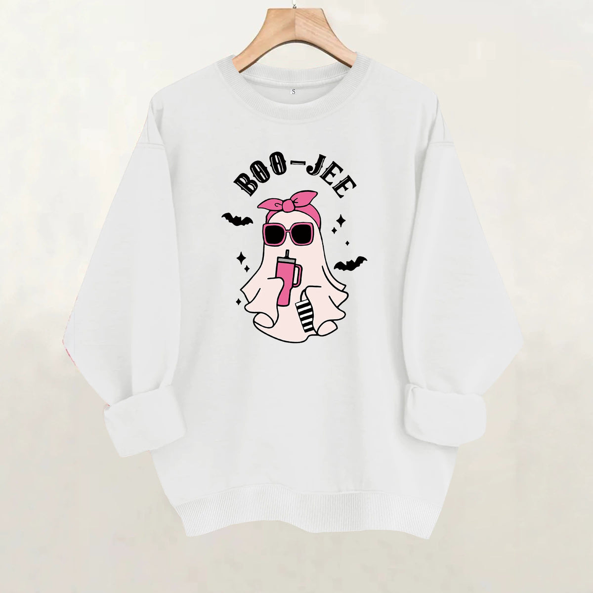 Ghost print round neck fleece hoodie