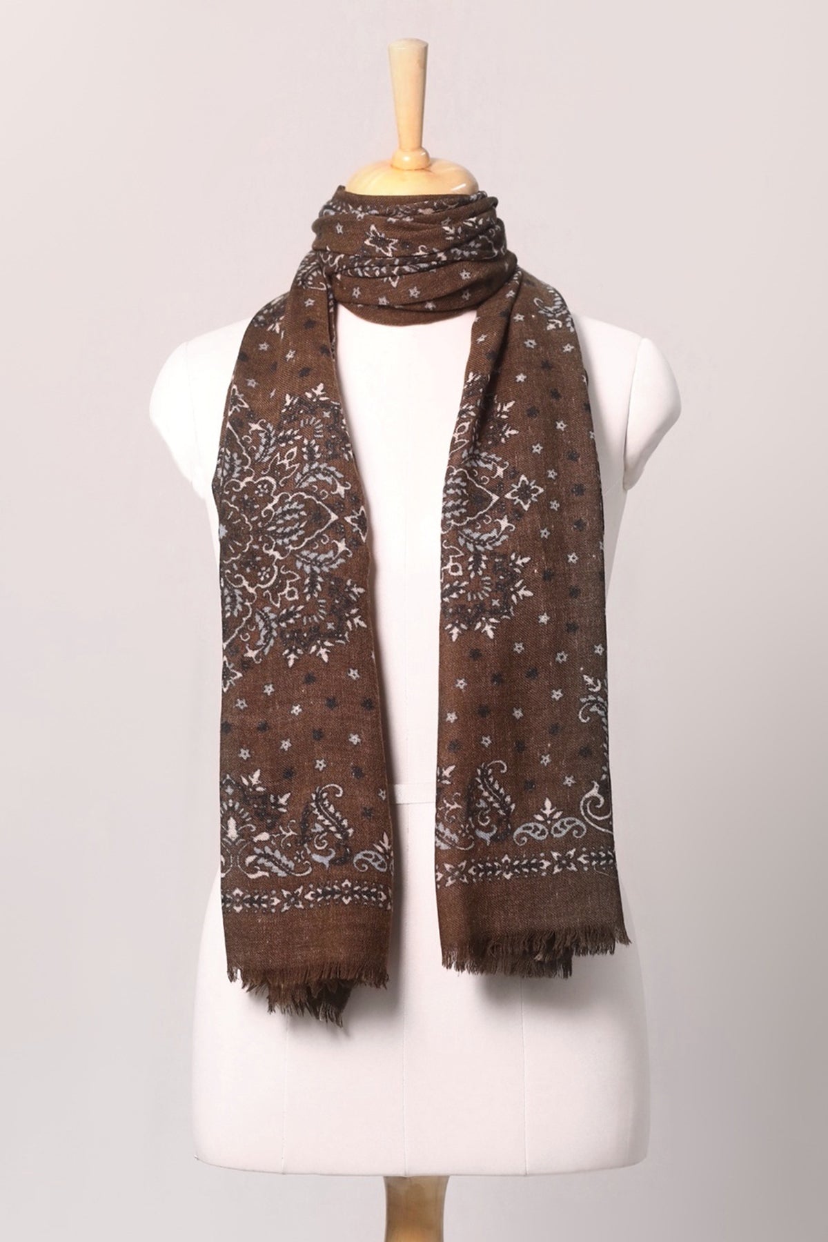 Starlight Paisley Print Wool Scarf - Wood-brown