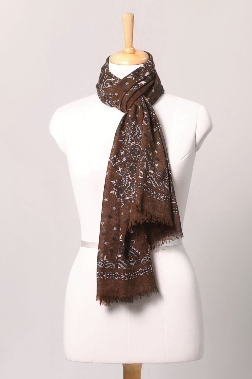 Starlight Paisley Print Wool Scarf - Wood-brown
