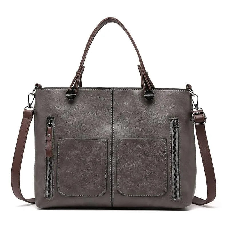 Women’S Vintage Leather Tote Handbag with Multi Pocket Storage