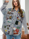 Embroidered Patch Button Up Long Sleeve Denim Jacket for Women-0