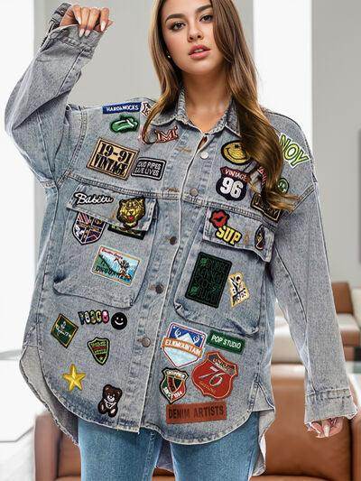 Embroidered Patch Button Up Long Sleeve Denim Jacket for Women-0