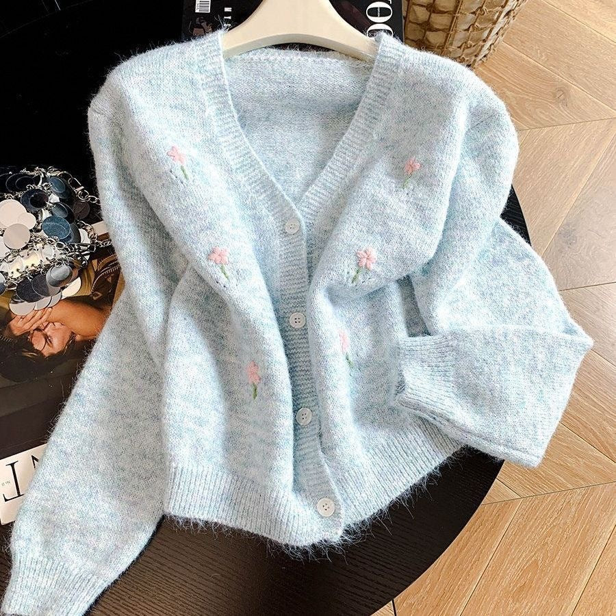 Flower embroidery cardigan top for women