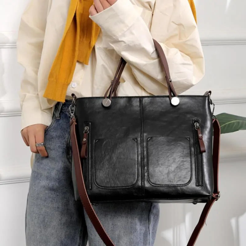 Women’S Vintage Leather Tote Handbag with Multi Pocket Storage