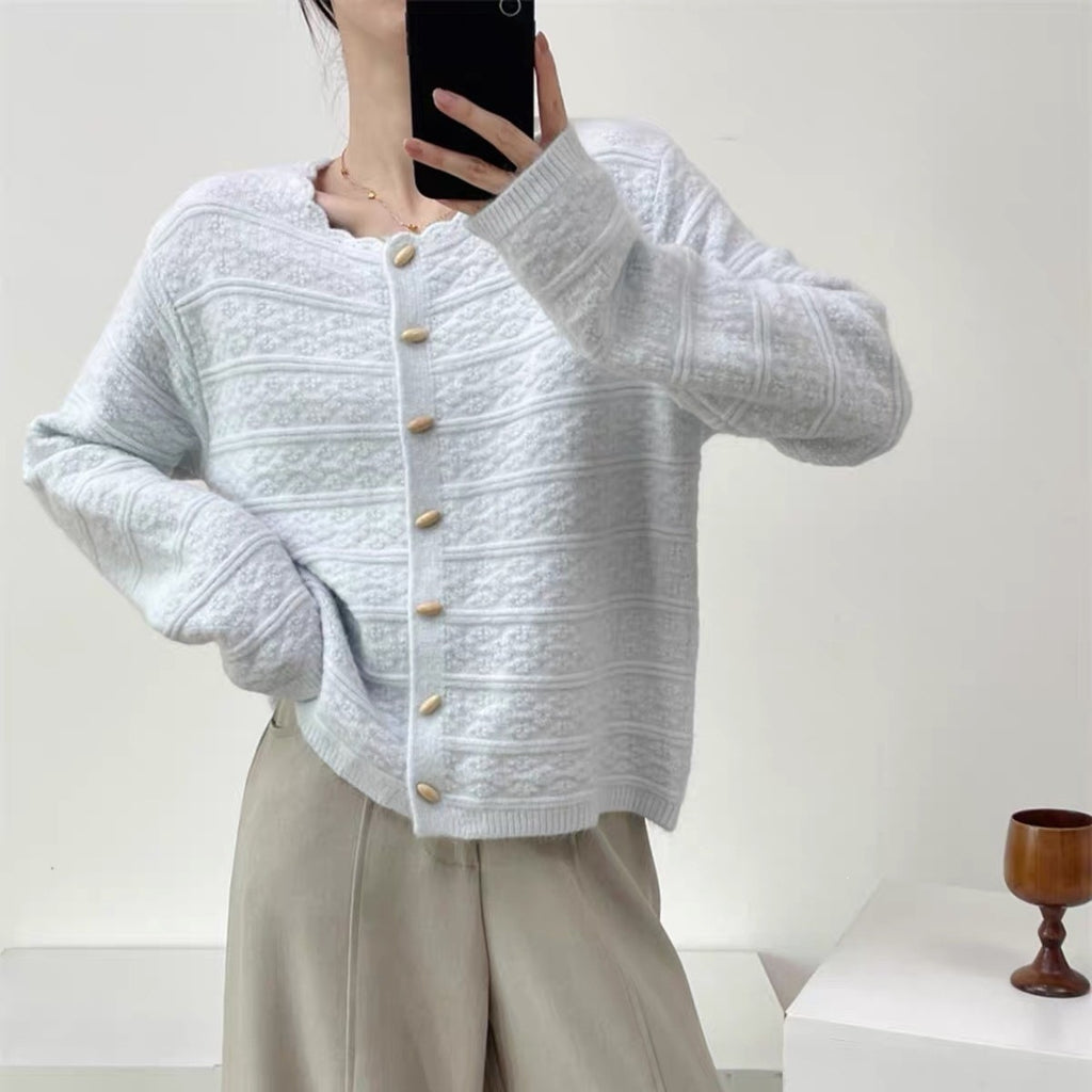 Loose solid color olive button sweater