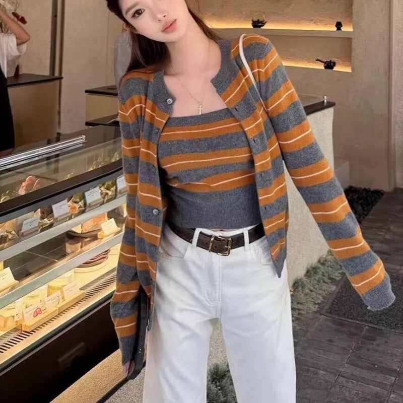 Striped contrasting layered cardigan sweater for women