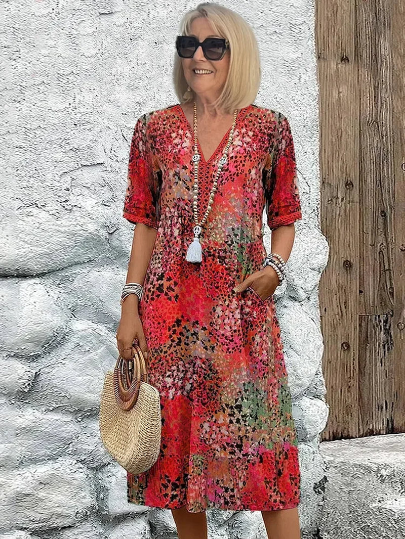 Blomstret Midikjole I Bomuld Med V-Hals Til Sommer