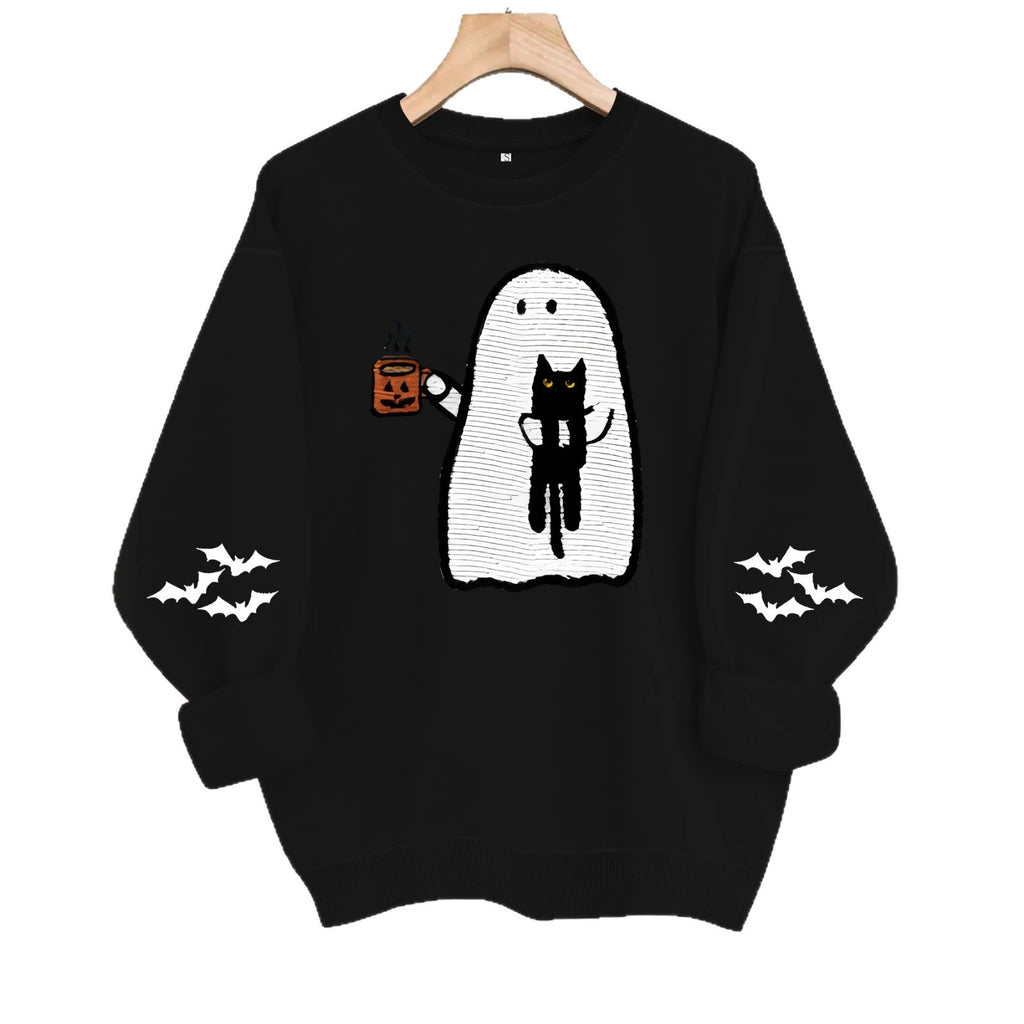 Ghost holding black cat with fleece hoodie