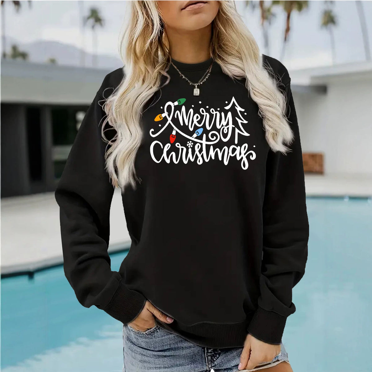 Light strip printed loose women's fleece hoodie