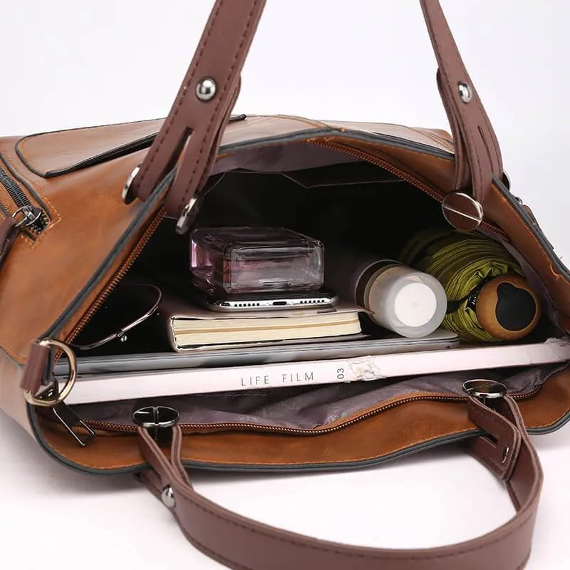 Women’S Vintage Leather Tote Handbag with Multi Pocket Storage