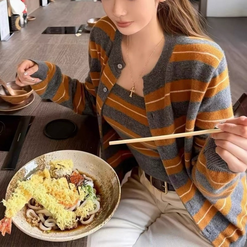 Striped contrasting layered cardigan sweater for women
