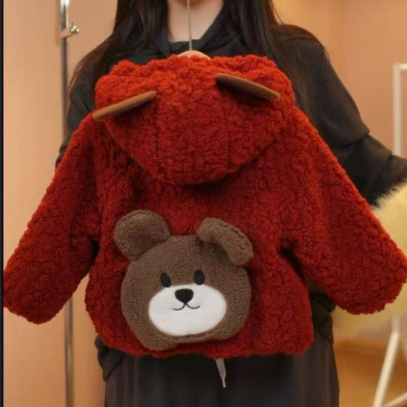 Girls' Cute Bear Print Thickened Fleece Lined Winter Jacket
