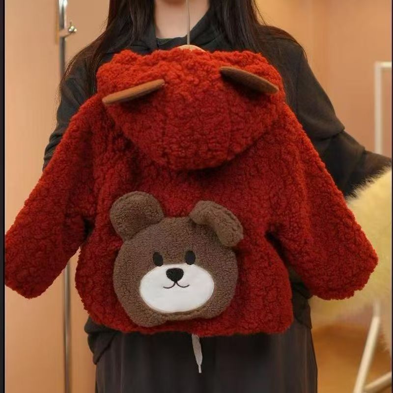 Girls' Cute Bear Print Thickened Fleece Lined Winter Jacket