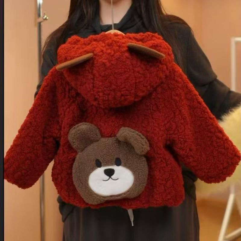 Girls' Cute Bear Print Thickened Fleece Lined Winter Jacket