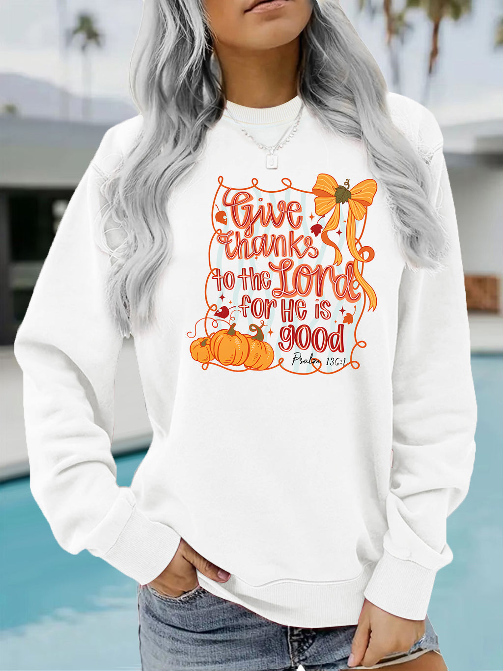Pumpkin print loose round neck hoodie