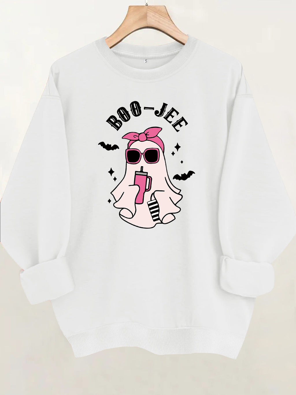 Ghost print round neck fleece hoodie