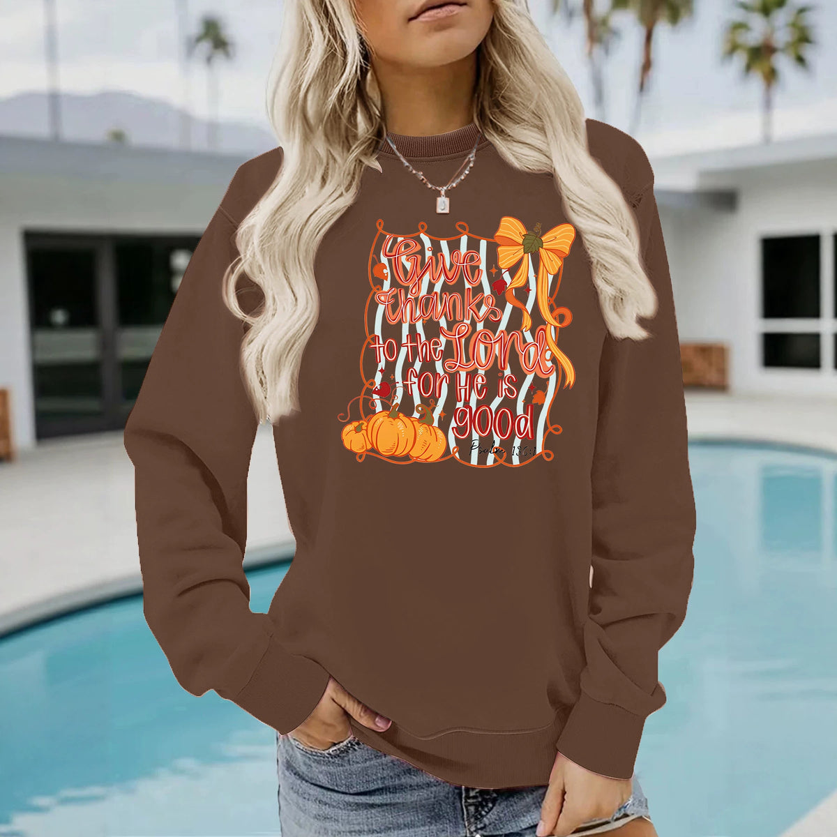 Pumpkin print loose round neck hoodie