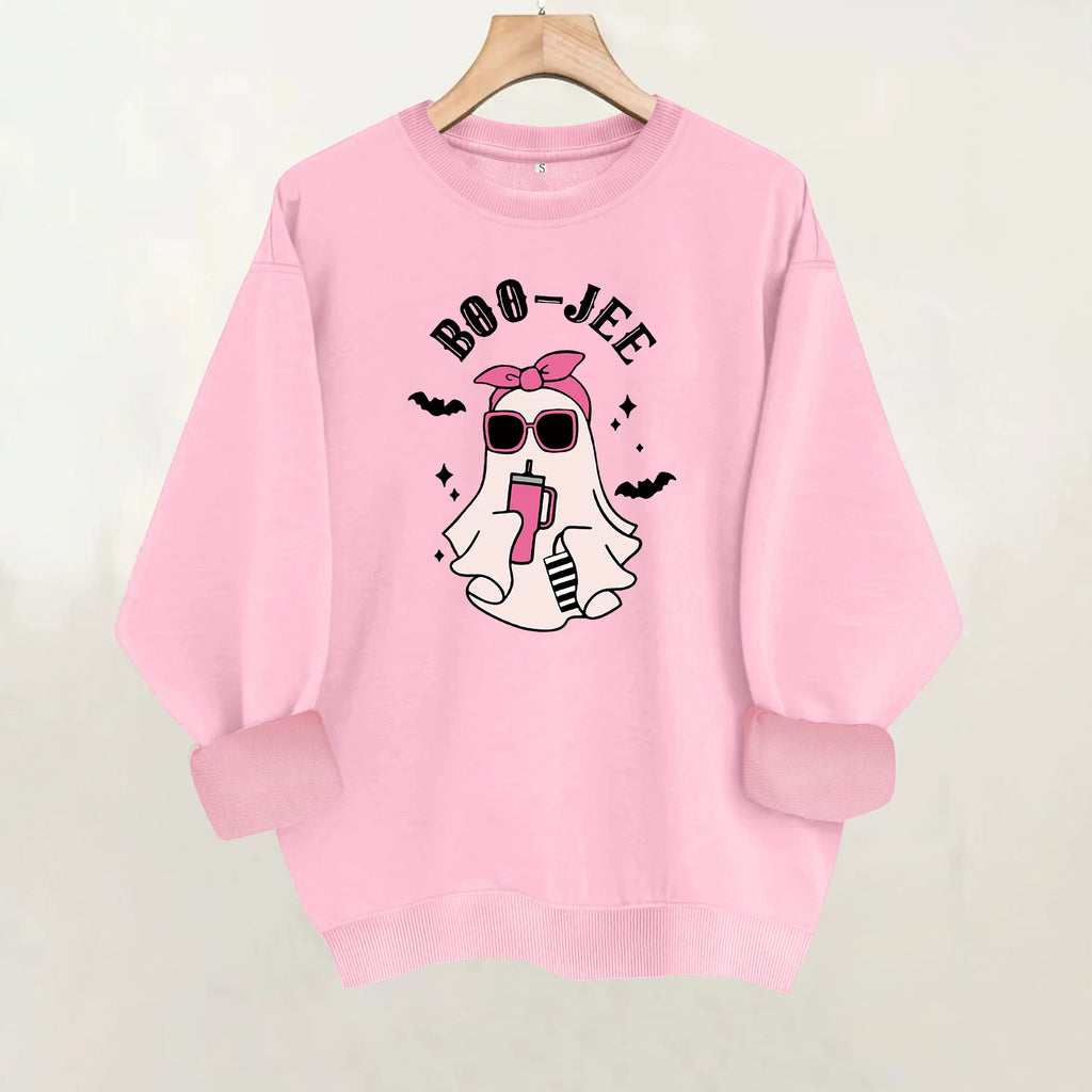 Ghost print round neck fleece hoodie