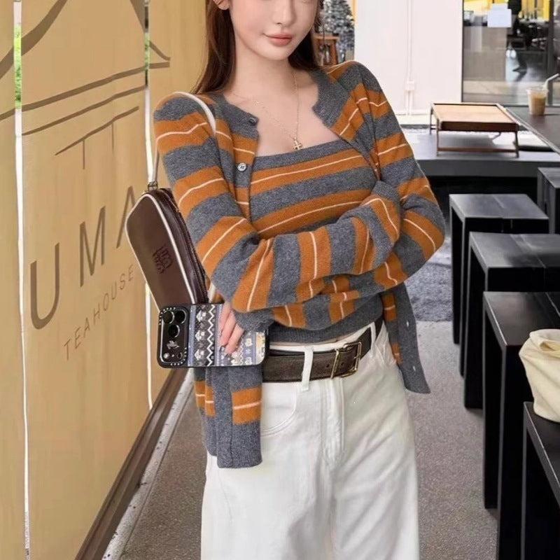 Striped contrasting layered cardigan sweater for women