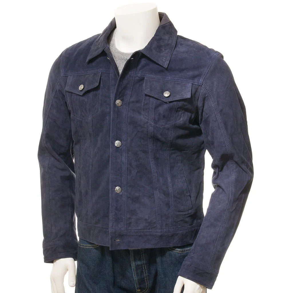 Men's Blue Suede Trucker Jacket — Barker