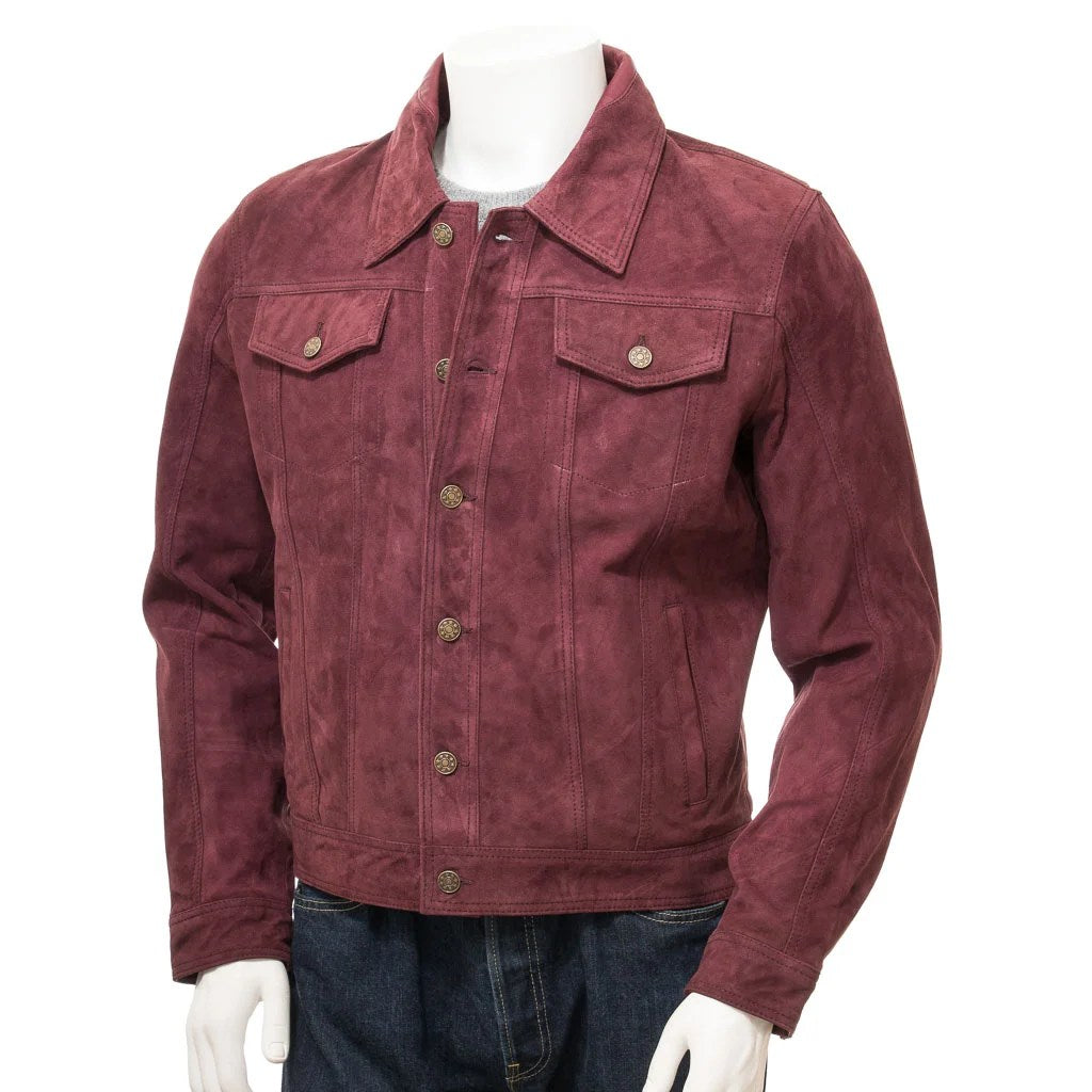 MEN BURGUNDY SUEDE TRUCKER JACKET BENSON-1