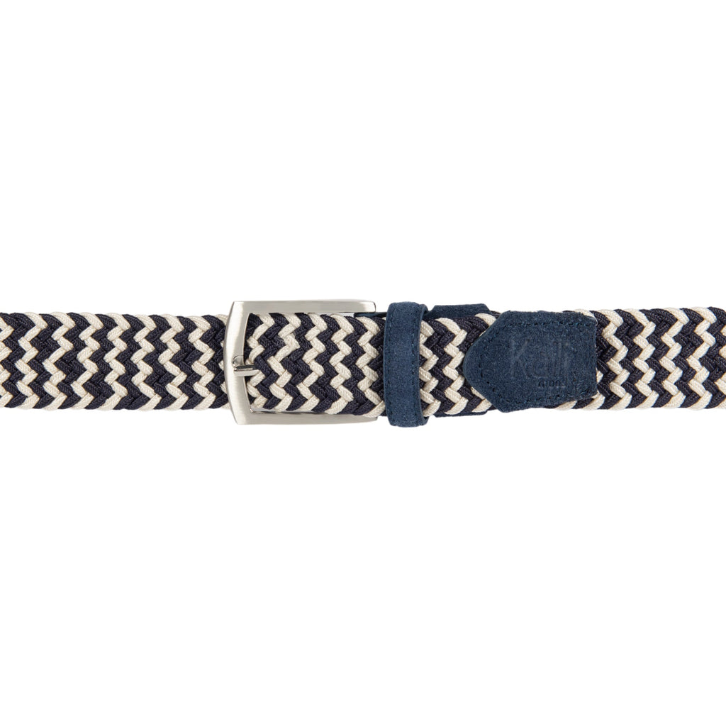 K4004JB | Braided Elastic/Leather Belt. Blue/Ecrù color. Satin Nickel Buckle. Size: 120x3.5x0.5 cm (waist 105 cm). Packaging: hard bottom/cover Gift Box