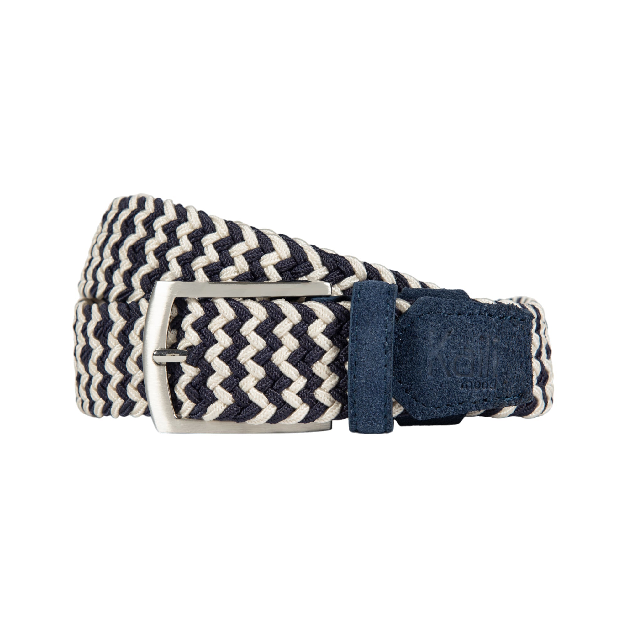 K4004JB | Braided Elastic/Leather Belt. Blue/Ecrù color. Satin Nickel Buckle. Size: 120x3.5x0.5 cm (waist 105 cm). Packaging: hard bottom/cover Gift Box