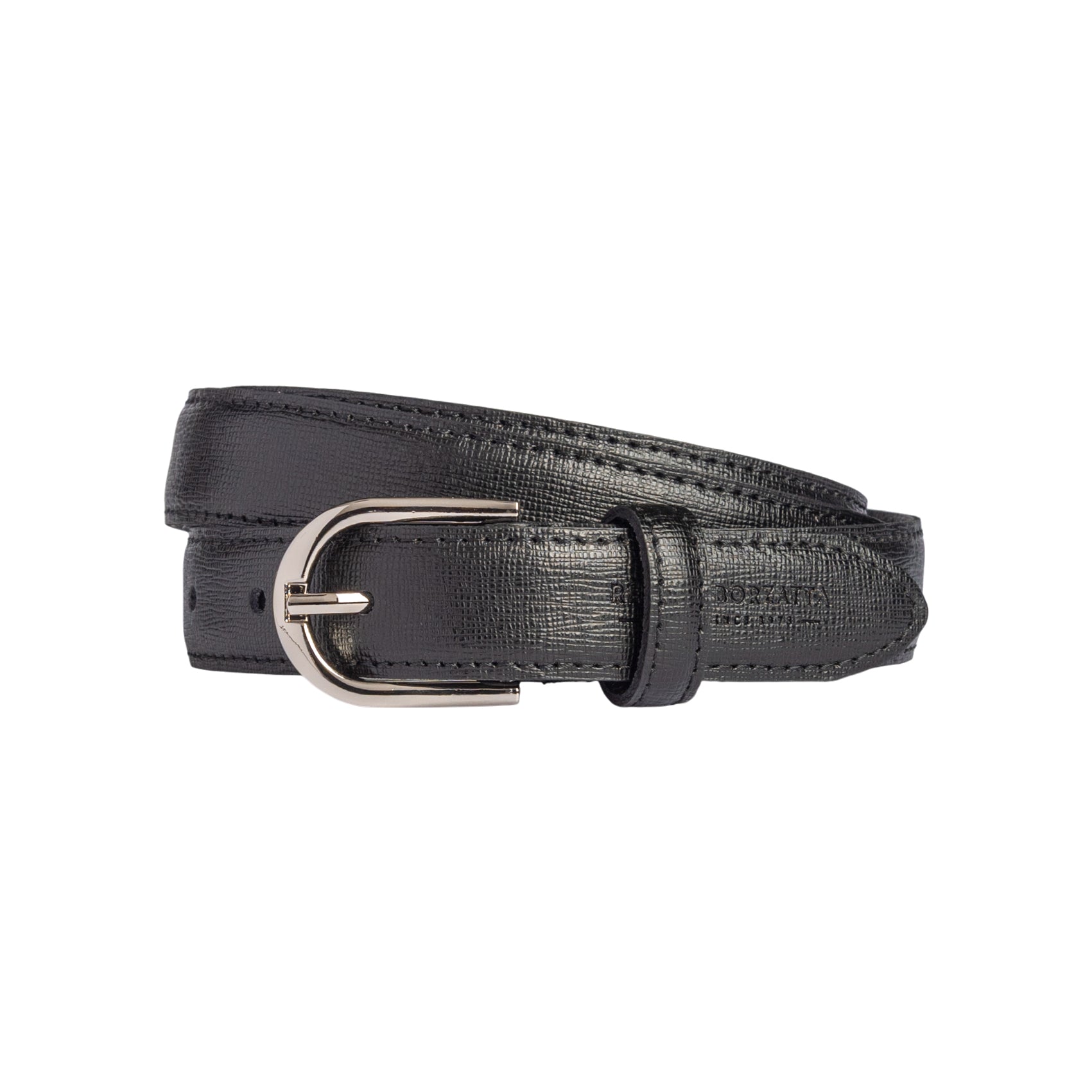 RB4016A | Women's Belt Made in Italy in Genuine Saffiano Leather. Polished Silver Buckle. Color: Black. Dimensions: 115 x 2.5 x 0.5 cm (waistline 100 cm)