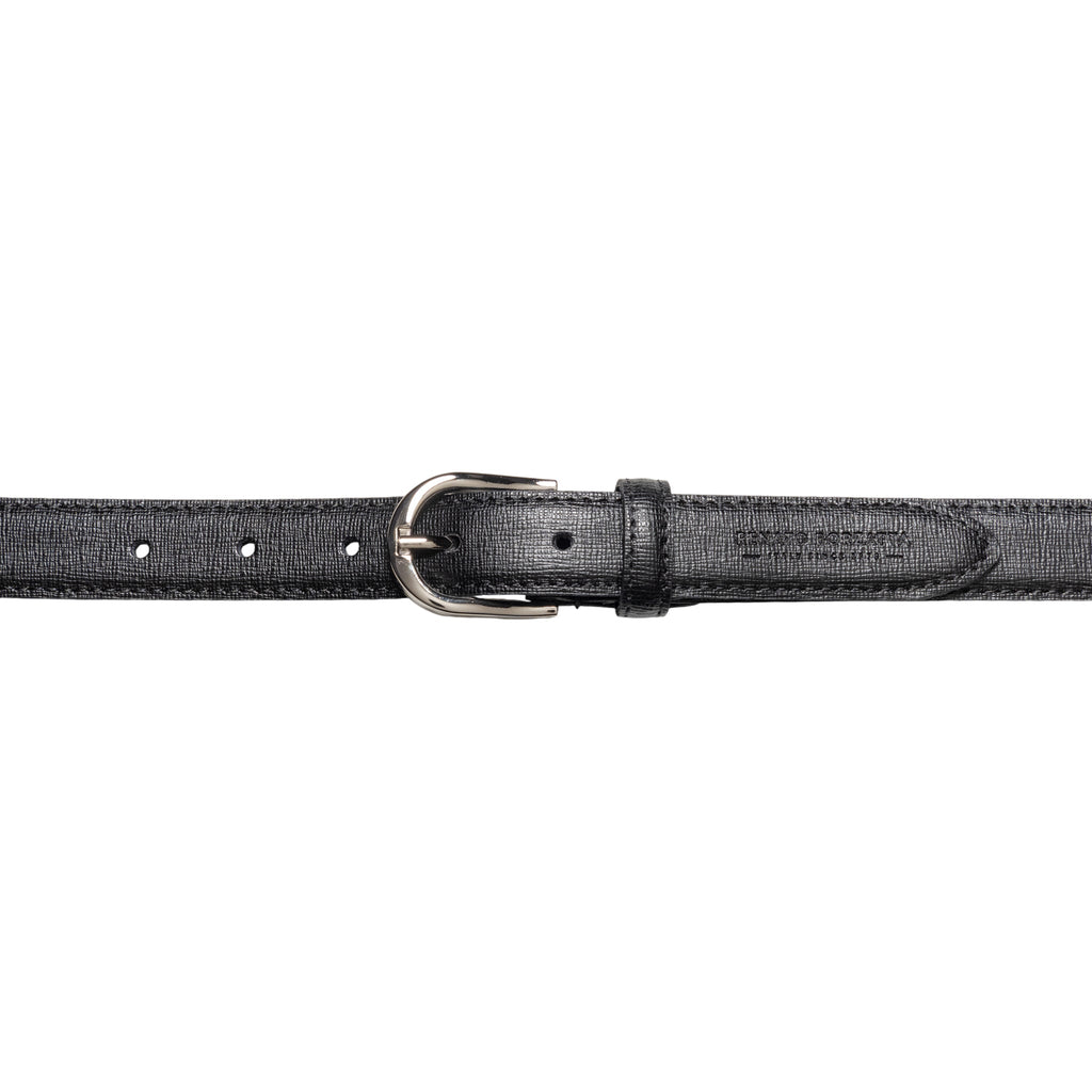 RB4016A | Women's Belt Made in Italy in Genuine Saffiano Leather. Polished Silver Buckle. Color: Black. Dimensions: 115 x 2.5 x 0.5 cm (waistline 100 cm)