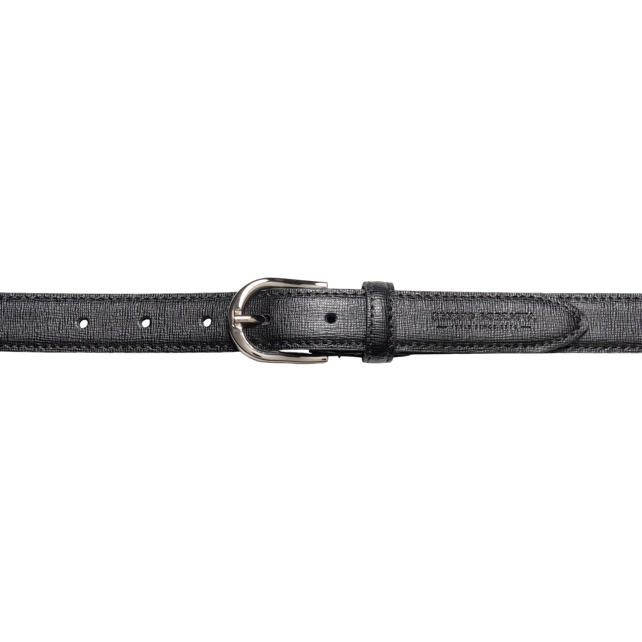 RB4016A | Women's Belt Made in Italy in Genuine Saffiano Leather. Polished Silver Buckle. Color: Black. Dimensions: 115 x 2.5 x 0.5 cm (waistline 100 cm)