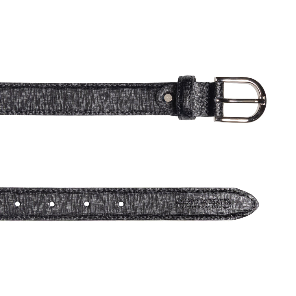RB4016A | Women's Belt Made in Italy in Genuine Saffiano Leather. Polished Silver Buckle. Color: Black. Dimensions: 115 x 2.5 x 0.5 cm (waistline 100 cm)