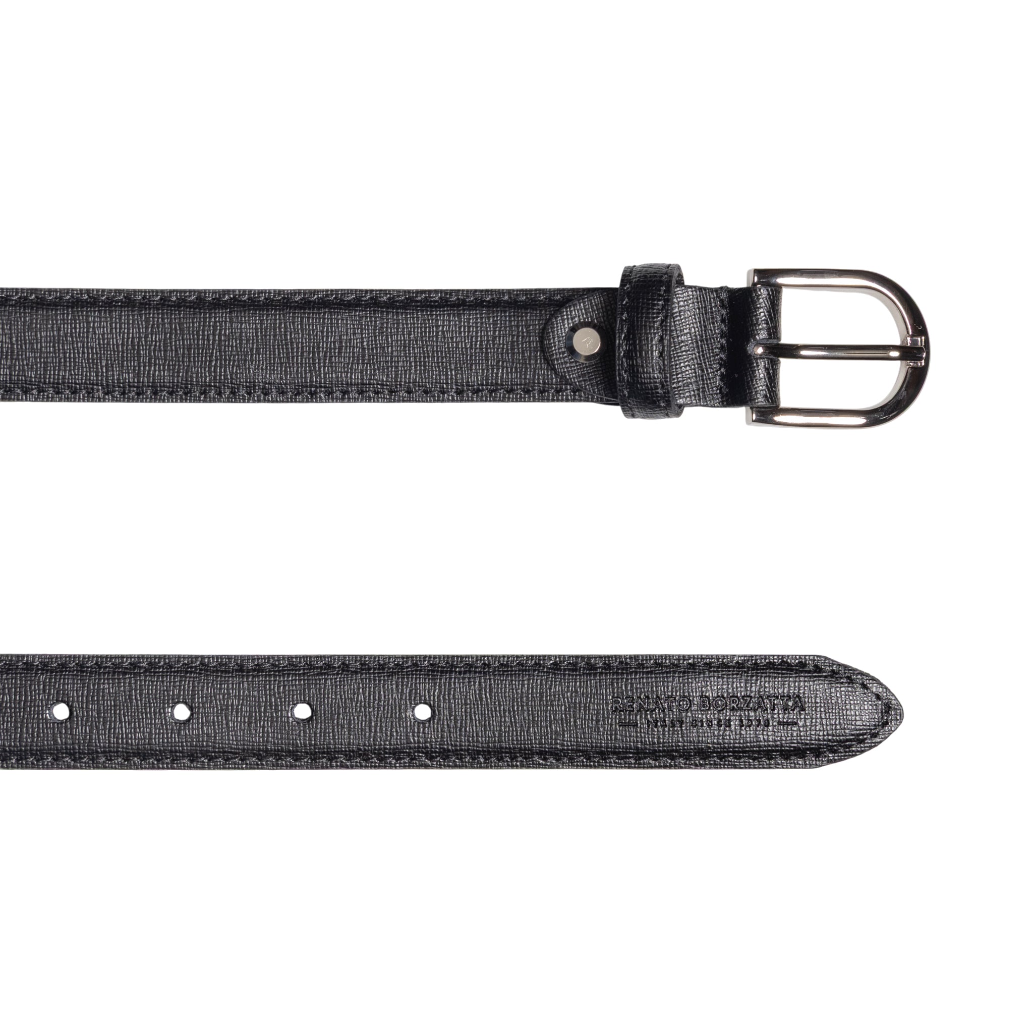 RB4016A | Women's Belt Made in Italy in Genuine Saffiano Leather. Polished Silver Buckle. Color: Black. Dimensions: 115 x 2.5 x 0.5 cm (waistline 100 cm)