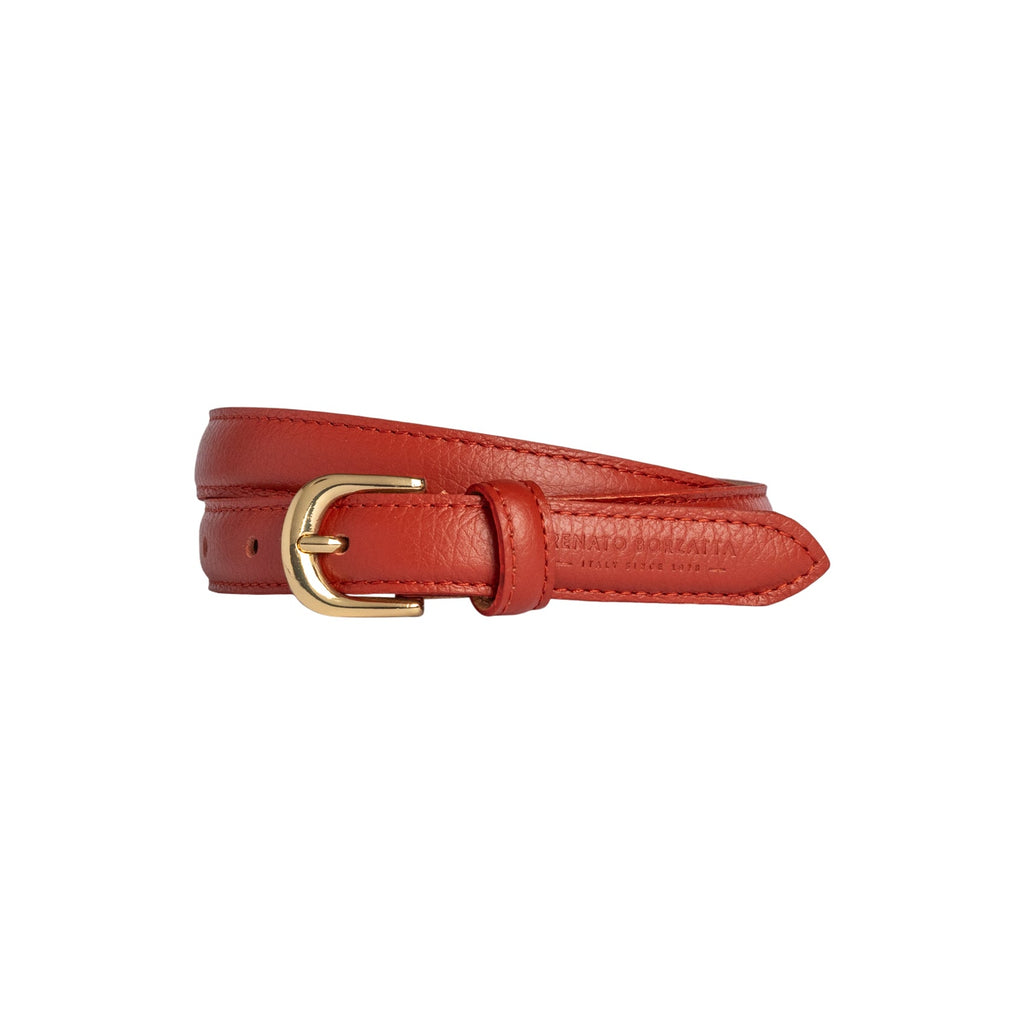 RB4021AM | Women's Belt Made in Italy in Genuine Dollar Grain Leather. Polished Gold-Finish Buckle. Paprika Color. Dimensions: 115 x 2.0 x 0.5 cm (waistline 100 cm)