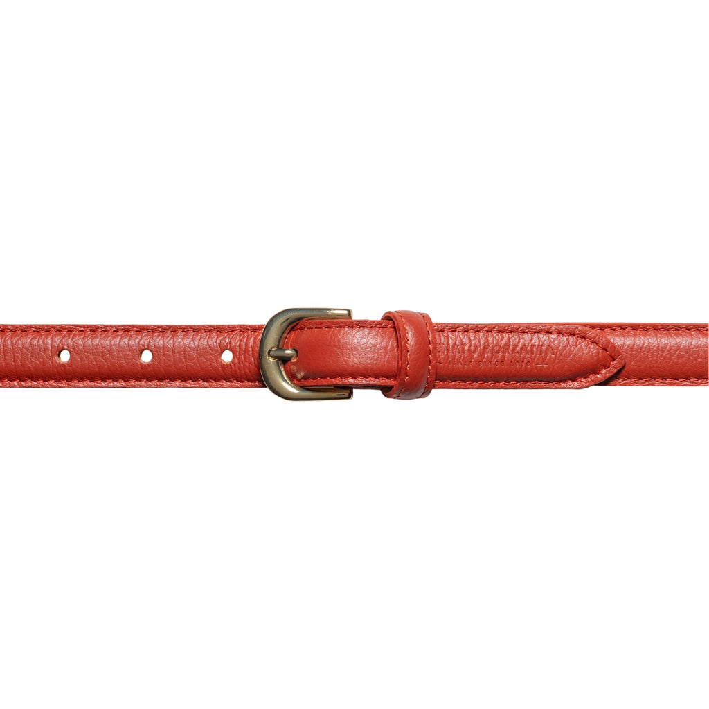 RB4021AM | Women's Belt Made in Italy in Genuine Dollar Grain Leather. Polished Gold-Finish Buckle. Paprika Color. Dimensions: 115 x 2.0 x 0.5 cm (waistline 100 cm)