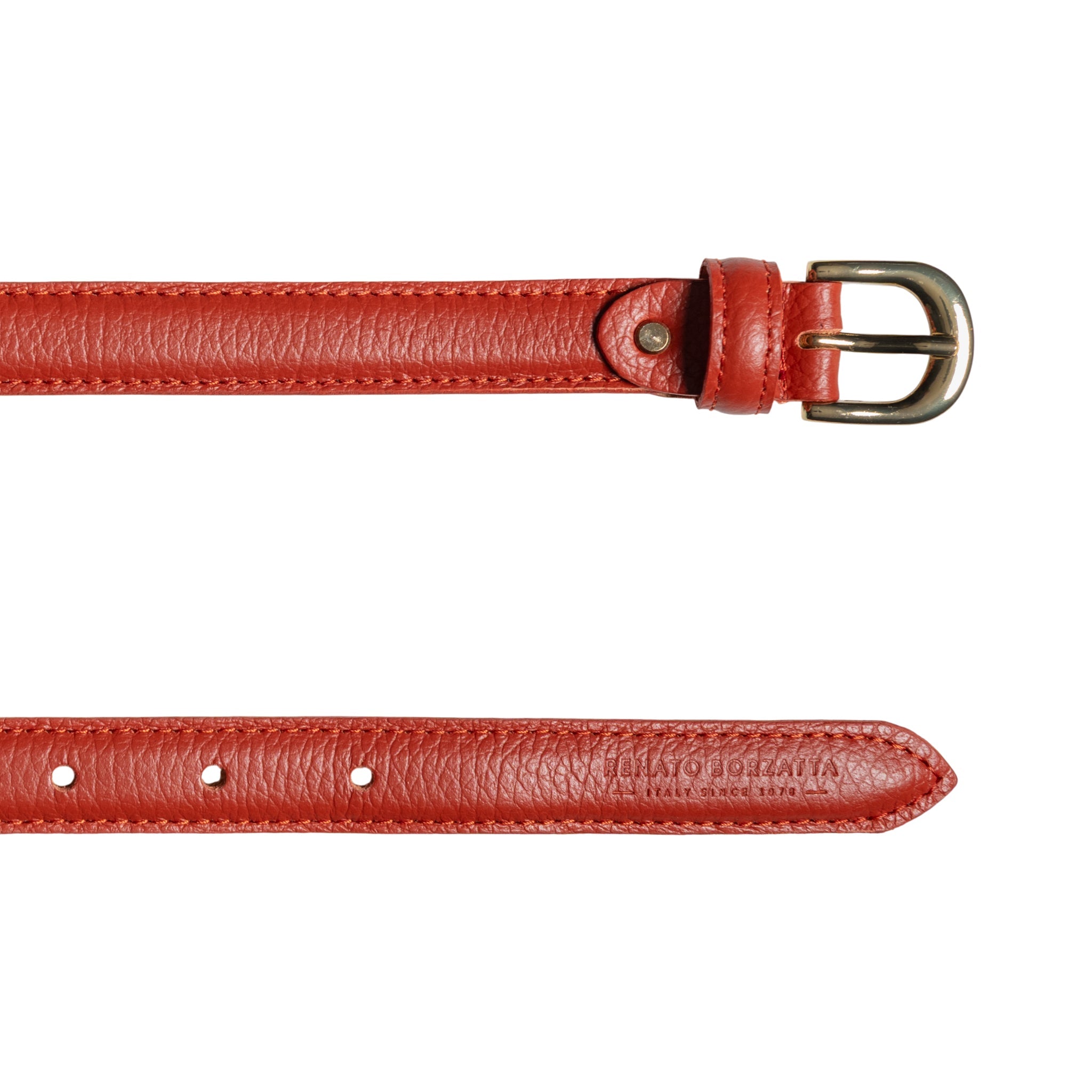 RB4021AM | Women's Belt Made in Italy in Genuine Dollar Grain Leather. Polished Gold-Finish Buckle. Paprika Color. Dimensions: 115 x 2.0 x 0.5 cm (waistline 100 cm)