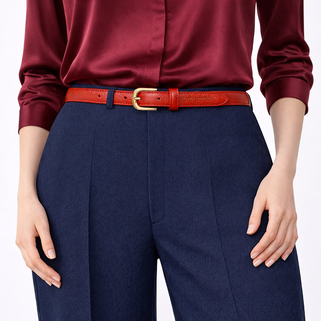 RB4021AM | Women's Belt Made in Italy in Genuine Dollar Grain Leather. Polished Gold-Finish Buckle. Paprika Color. Dimensions: 115 x 2.0 x 0.5 cm (waistline 100 cm)