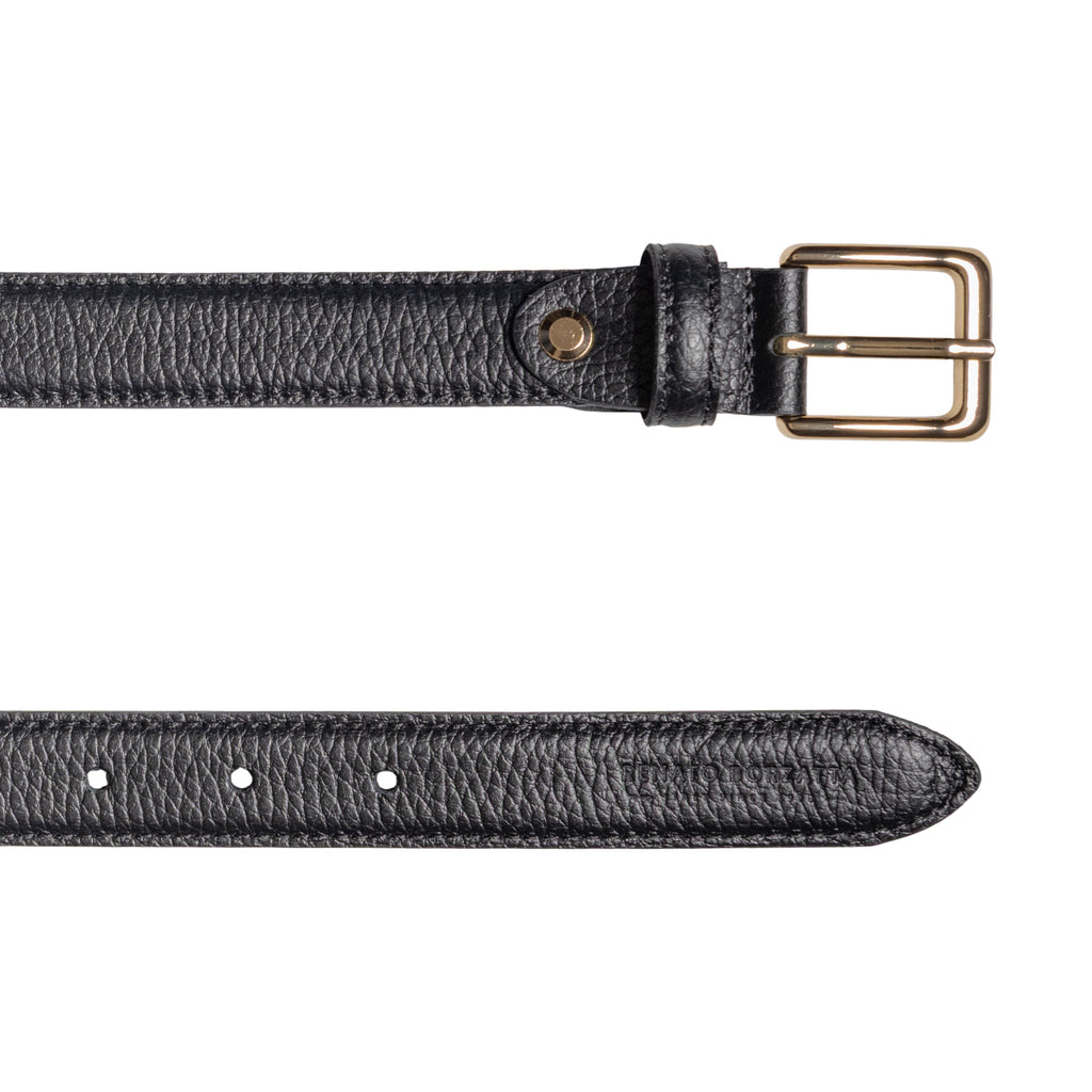RB4022A | Women's Belt Made in Italy in Genuine Dollar Grain Leather. Polished Gold-Finish Buckle. Black. Dimensions: 115 x 2.5 x 0.5 cm (waistline 100 cm)
