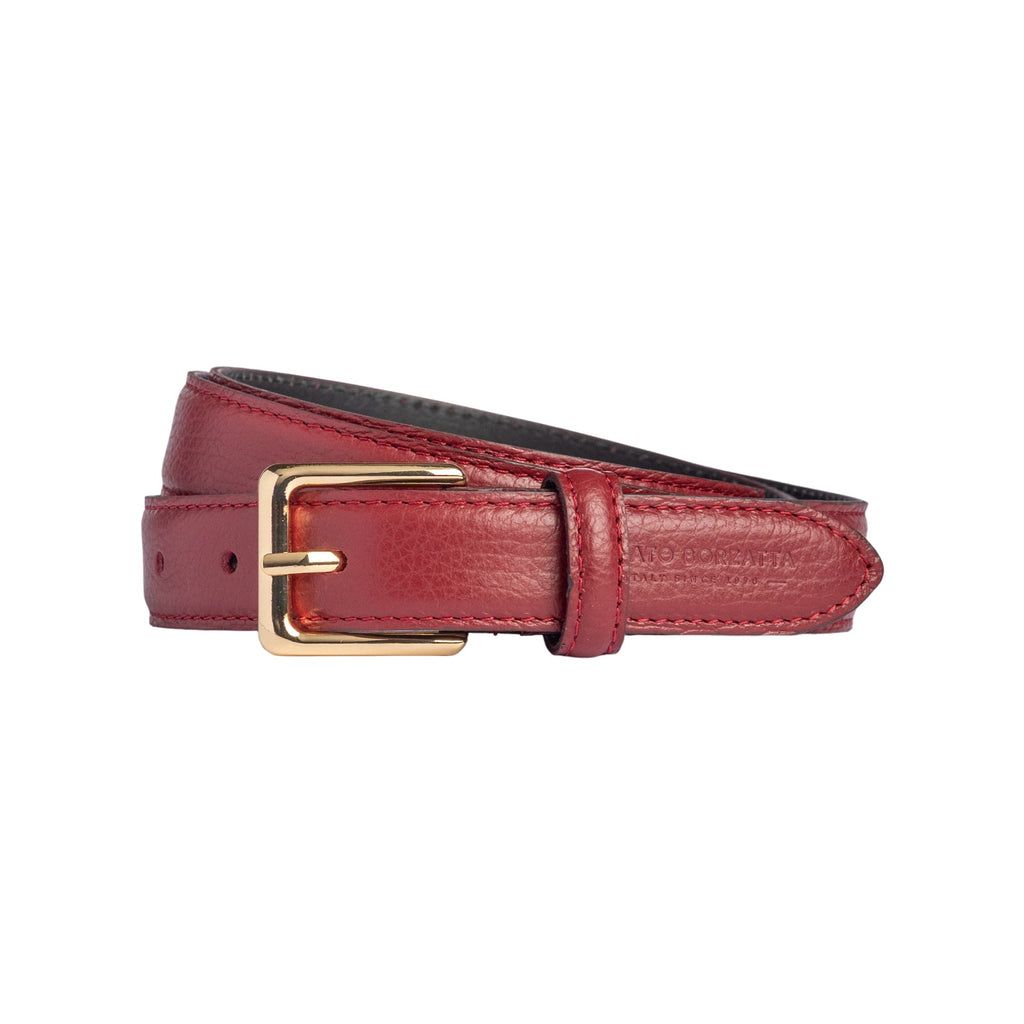 RB4022Q | Women's Belt Made in Italy in Genuine Dollar Grain Leather. Polished Gold-Finish Buckle. Ruby Color. Dimensions: 115 x 2.5 x 0.5 cm (waistline 100 cm)