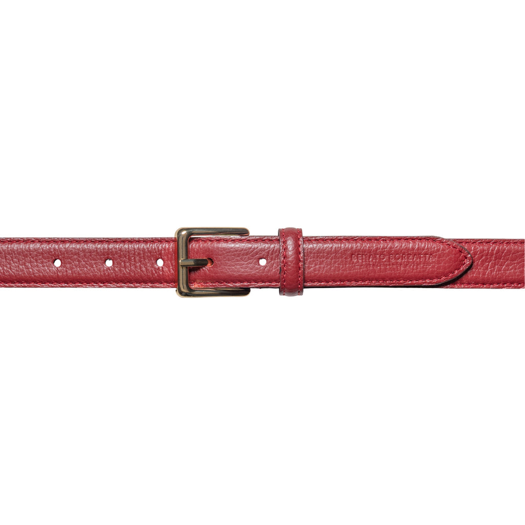 RB4022Q | Women's Belt Made in Italy in Genuine Dollar Grain Leather. Polished Gold-Finish Buckle. Ruby Color. Dimensions: 115 x 2.5 x 0.5 cm (waistline 100 cm)