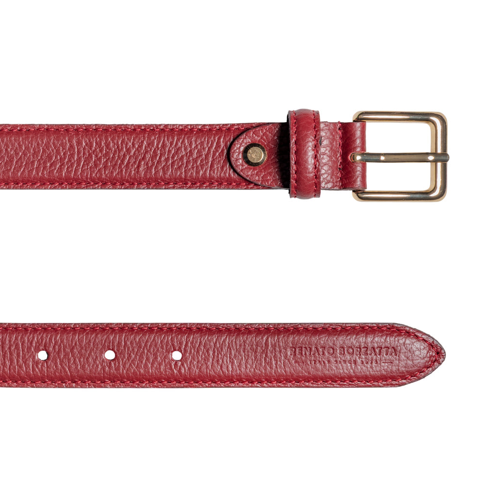 RB4022Q | Women's Belt Made in Italy in Genuine Dollar Grain Leather. Polished Gold-Finish Buckle. Ruby Color. Dimensions: 115 x 2.5 x 0.5 cm (waistline 100 cm)