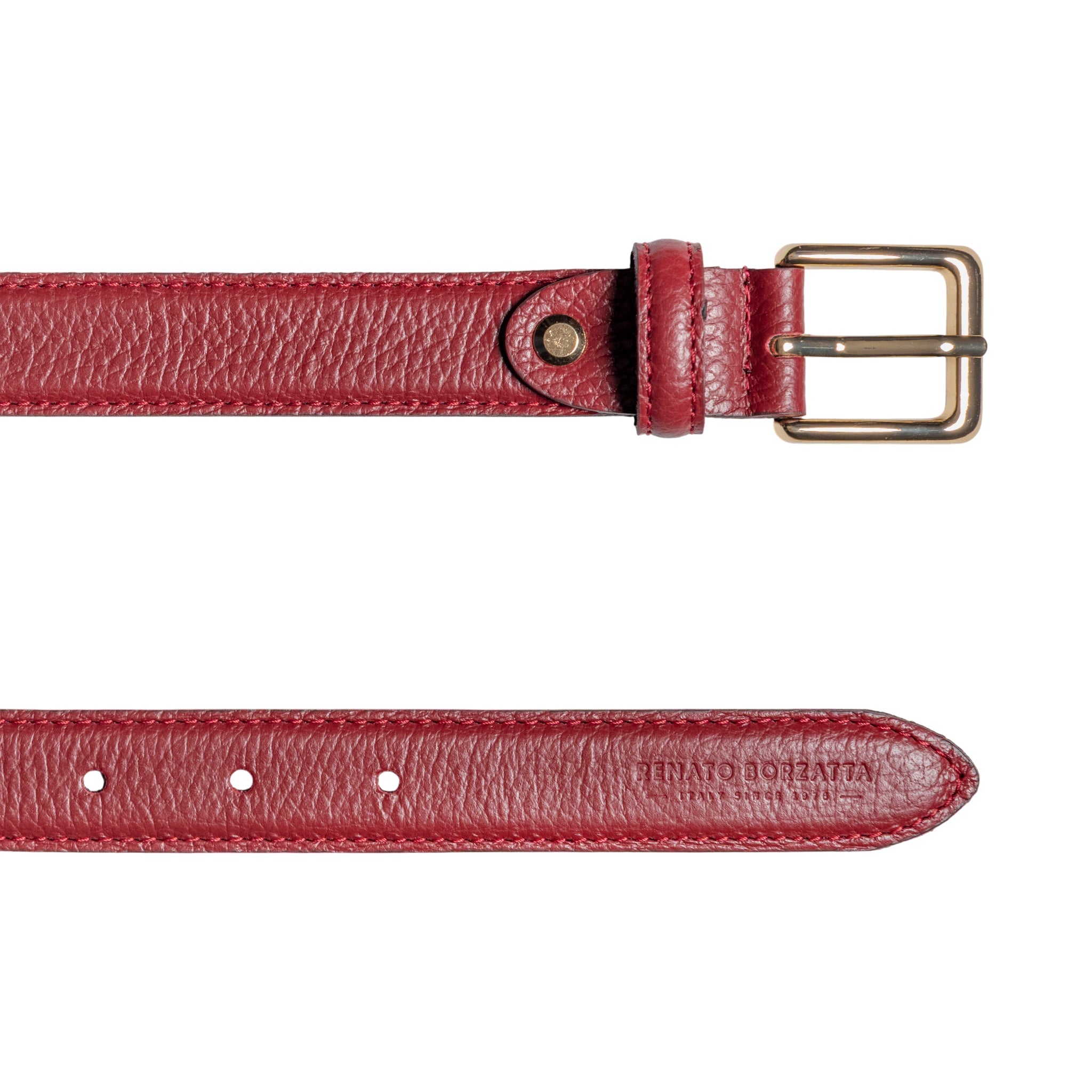 RB4022Q | Women's Belt Made in Italy in Genuine Dollar Grain Leather. Polished Gold-Finish Buckle. Ruby Color. Dimensions: 115 x 2.5 x 0.5 cm (waistline 100 cm)