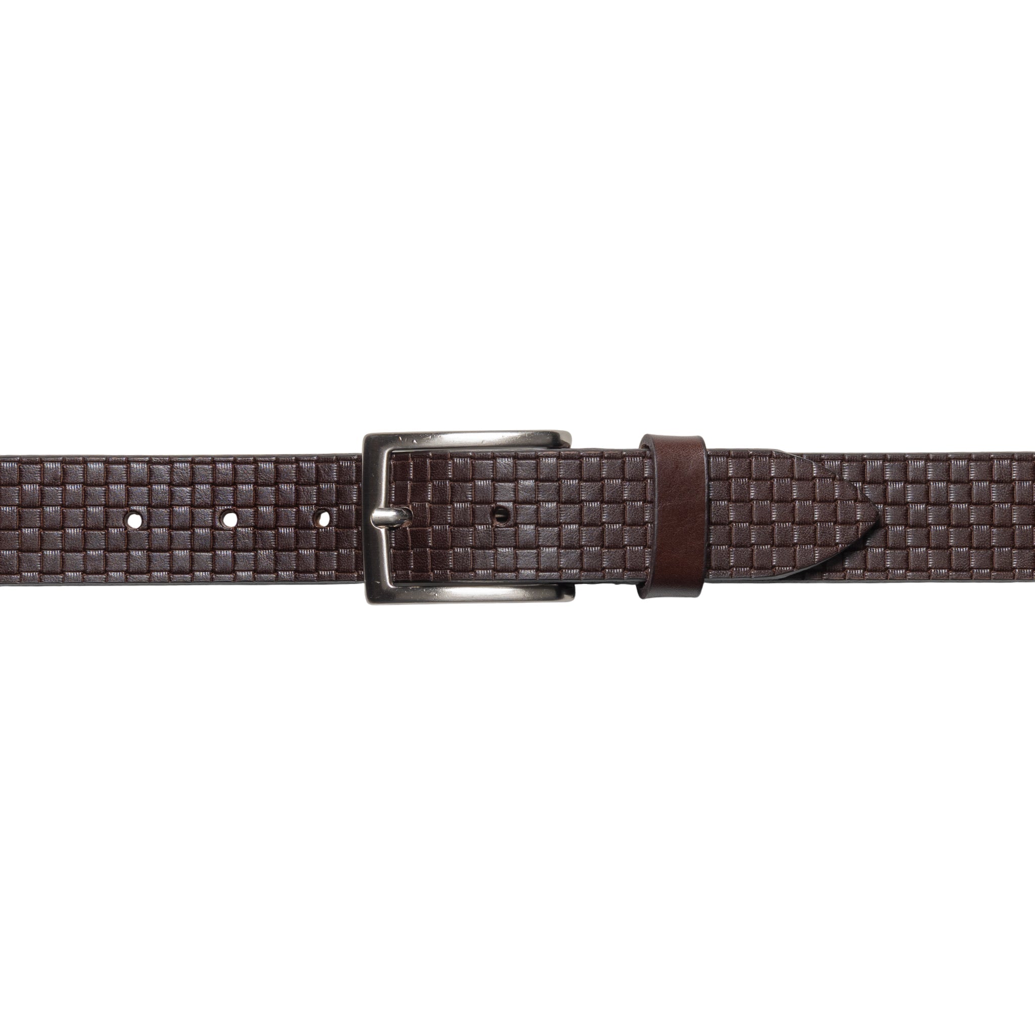 RB4028B | Men's Belt with Allover Print, Made in Italy in Genuine Vegetable-Tanned Leather. Satin Silver Buckle. Dark Brown. Dimensions: 125 x 3.5 x 0.5 cm (waistline 110 cm).