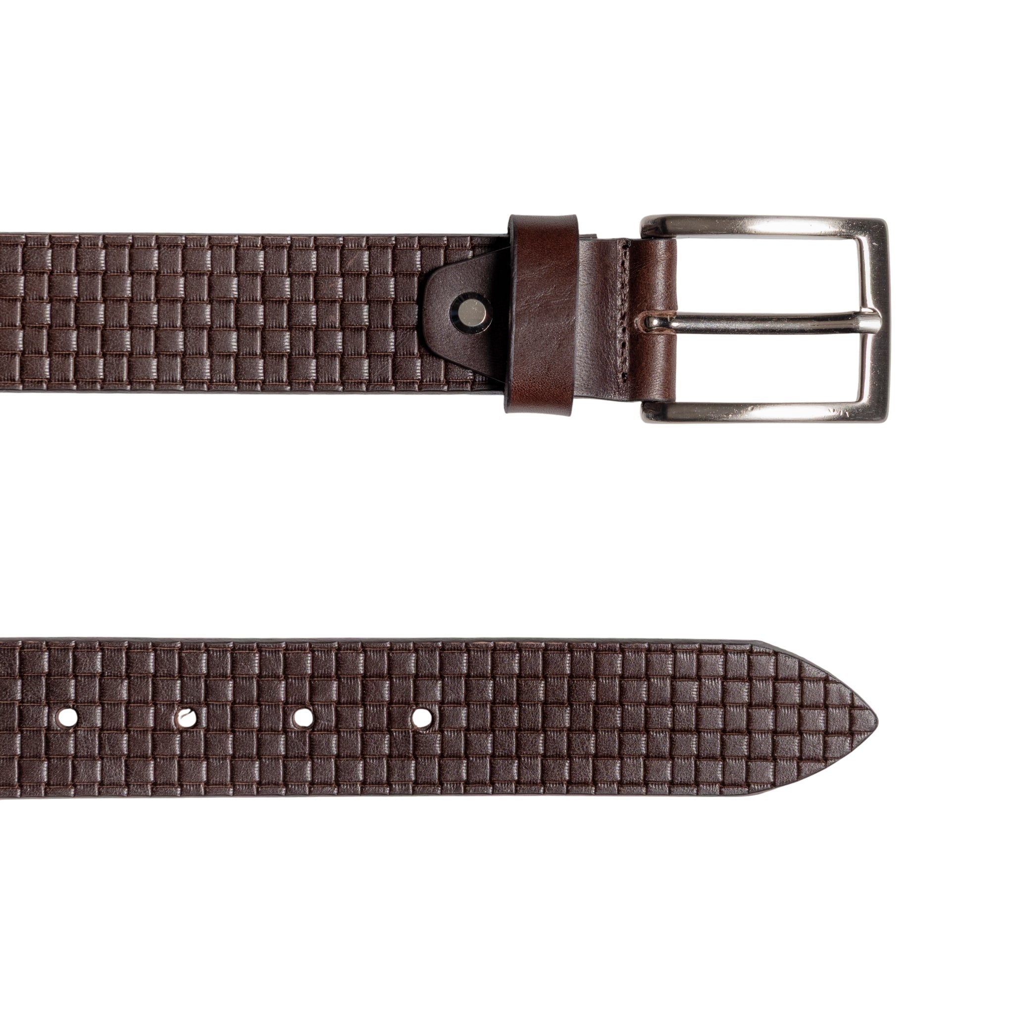 RB4028B | Men's Belt with Allover Print, Made in Italy in Genuine Vegetable-Tanned Leather. Satin Silver Buckle. Dark Brown. Dimensions: 125 x 3.5 x 0.5 cm (waistline 110 cm).